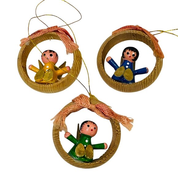 Handcrafted Wooden Angel Ornaments Set Of 3 With Ribbon Accents & Gold Wings - Picture 1 of 6